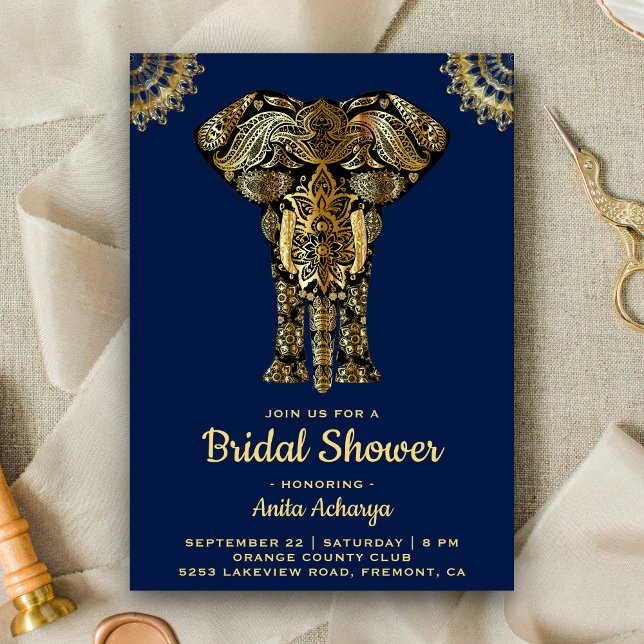 Carte d'invitation de mariage indien éléphant or b (Créateur téléchargé)
