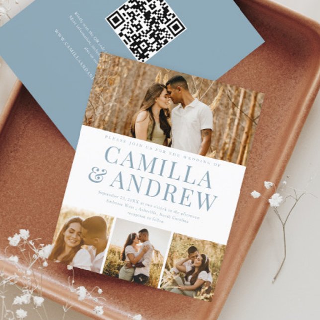 Carte d'invitation de mariage moderne à budget ave (Budget 4 Photo Collage Dusty Blue Wedding Invitation with QR code RSVP on the back.)