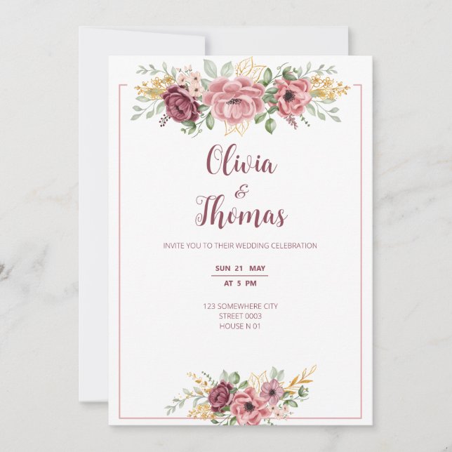 carte d'invitation de mariage moderne aux roses ro (Devant)