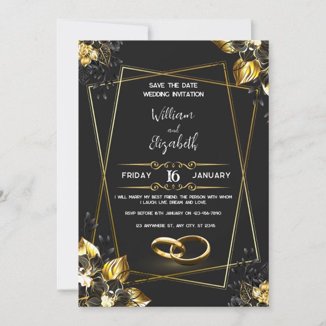 Carte d'invitation de mariage noir et or (Devant)