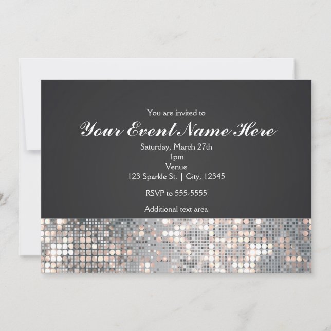 Carte d'invitation de mariage noir glamour à paill (Devant)