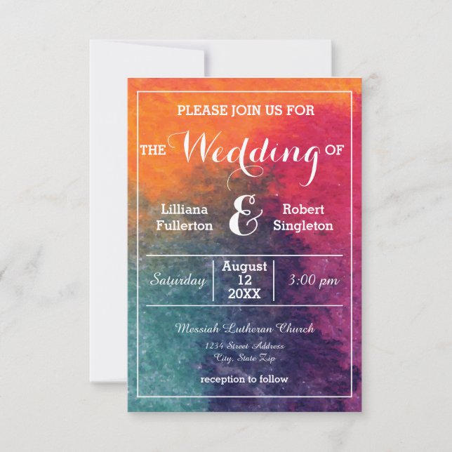 Carte d'invitation de mariage Orange Bleu Rose Aqu (Devant)