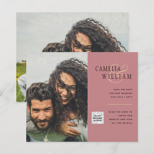 Carte d'invitation de mariage photo budget Code QR (Devant / Derrière)