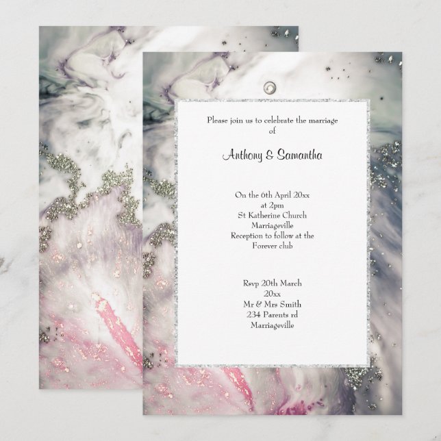 CARTE D'INVITATION DE MARIAGE PINK LUXE MARBRE PAI (Devant / Derrière)