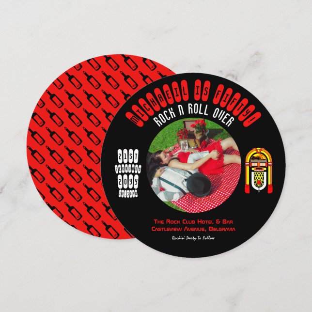 Carte d'invitation de mariage Rockabilly disque vi (Devant / Derrière)
