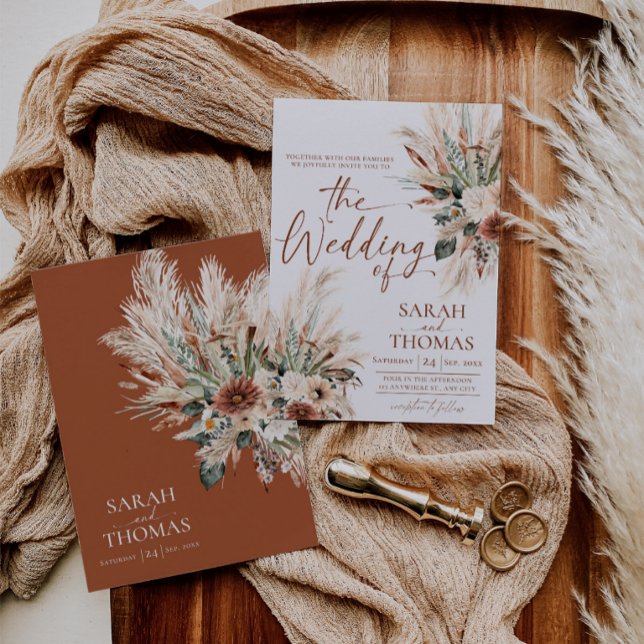 Carte d'invitation de mariage rustique d'automne T (Rustic Fall Wedding Invitation Card Terracotta Boho (Front and Back))