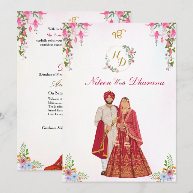Carte d'invitation de mariage sikh punjabi Anand K (Devant / Derrière)