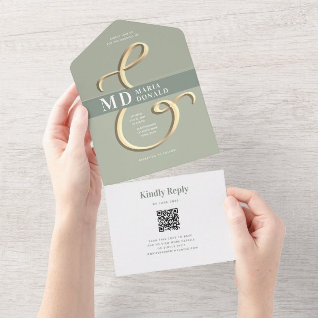Carte d'invitation de mariage tout-en-un Vert Saug (Déchirure)