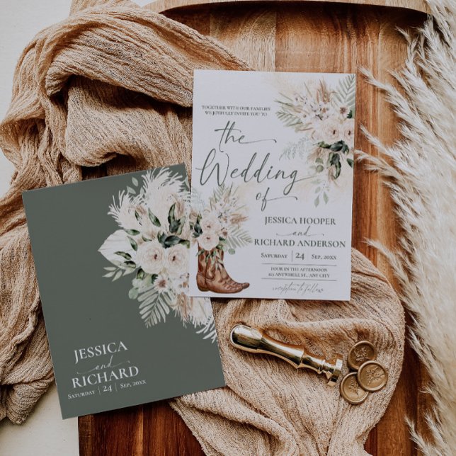 Carte d'invitation de mariage Western Boho avec ve (Greenery Western Boho Wedding Invitation Card (Front and Back))