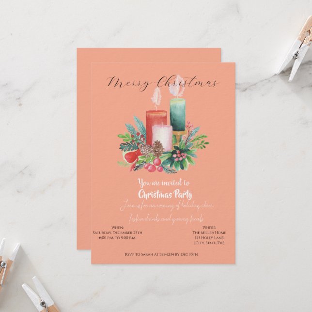 Carte d'invitation de Noël à la bougie aquarelle (Devant/Arrière en situation)