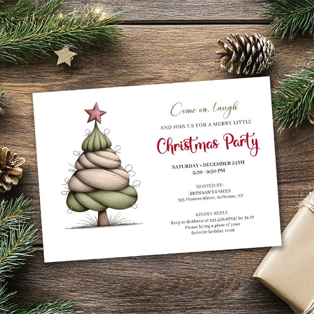 Carte d'invitation de Noël arbre aquarelle rouge v (Funny watercolor tree red green Christmas invite)