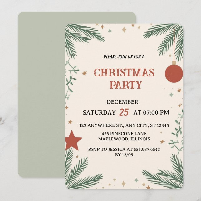 Carte d'invitation de Noël élégante avec verdure (Devant / Derrière)