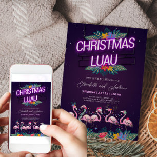 Carte d'invitation de Noël Luau Neon Flamant rose
