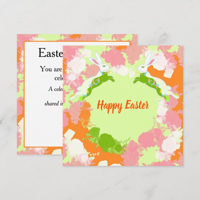 Carte d'invitation de Pâques joyeuse – Lapin flora (Devant / Derrière)