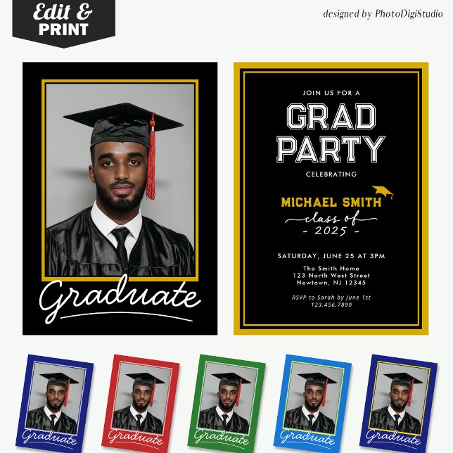 Carte d'invitation de remise de diplôme sur mesure (Custom Graduation Invitation Card | Black and Gold Classic Design for Graduation Party and Ceremony )