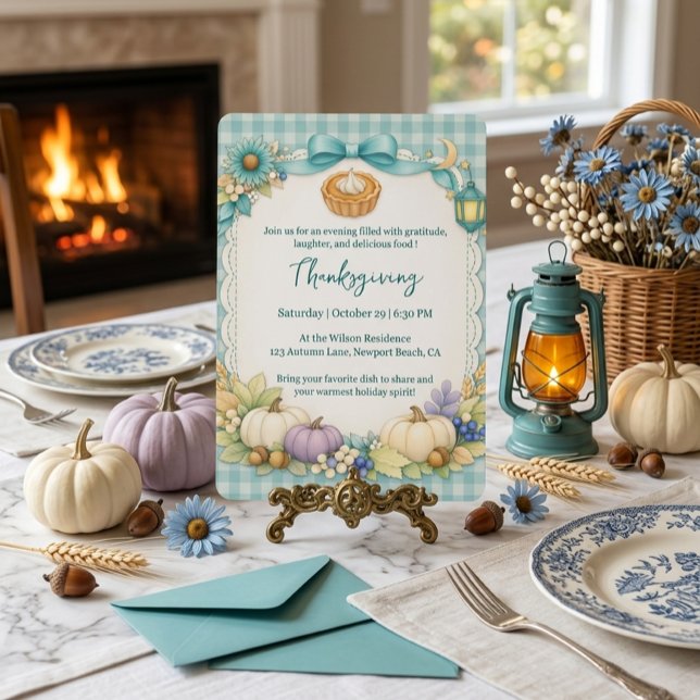 Carte d'invitation de Thanksgiving à carreaux turq (Créateur téléchargé)
