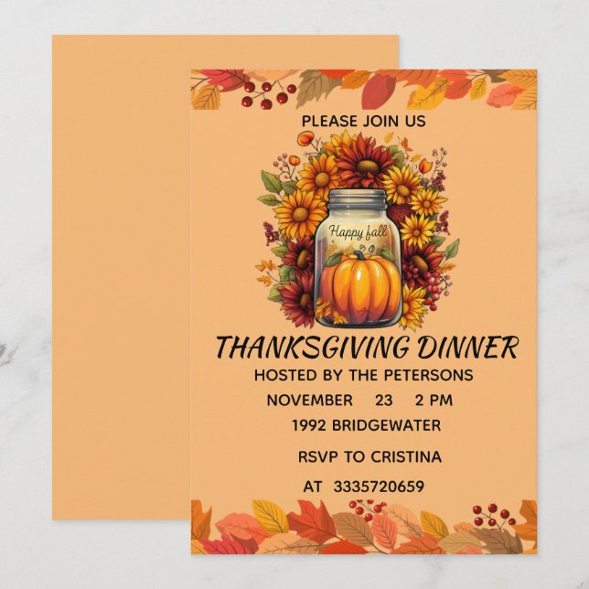 CARTE D'INVITATION DE THANKSGIVING POUR LES POTS D (Devant / Derrière)