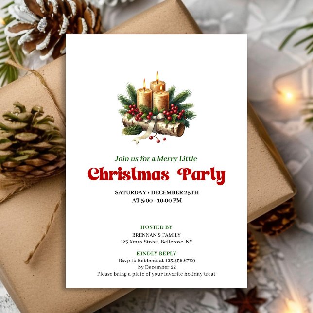 Carte d'invitation de vacances avec bougies et cou (Modern Pine Wreath Candles Holiday Invitation Card)