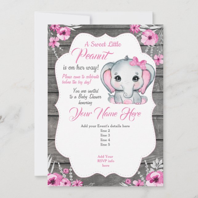 Carte d'invitation d'éléphant rose gris (Devant)