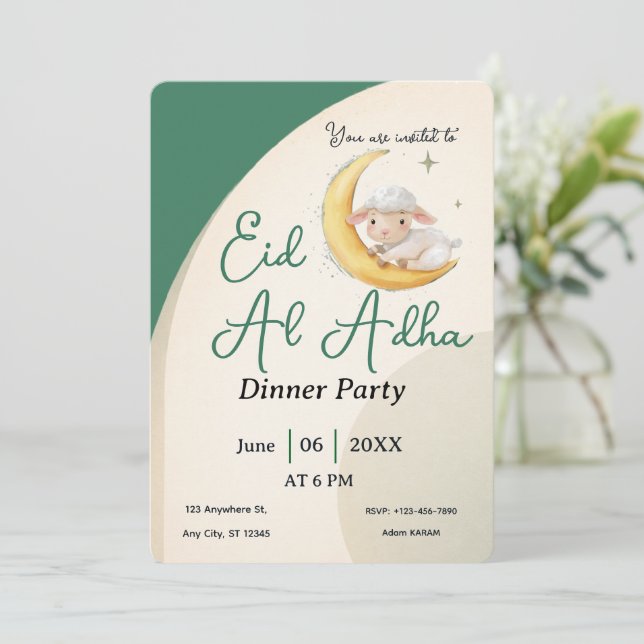 Carte d'invitation Eid Al Adha mouton vert poussié (Debout devant)