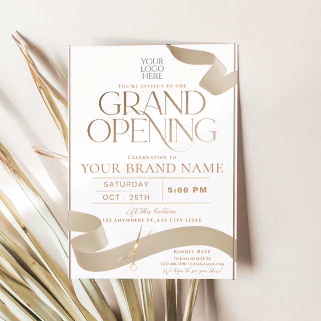 Carte d'invitation élégante avec ruban doré pour l (Elegant Gold Ribbon Grand Opening Invitation Card)
