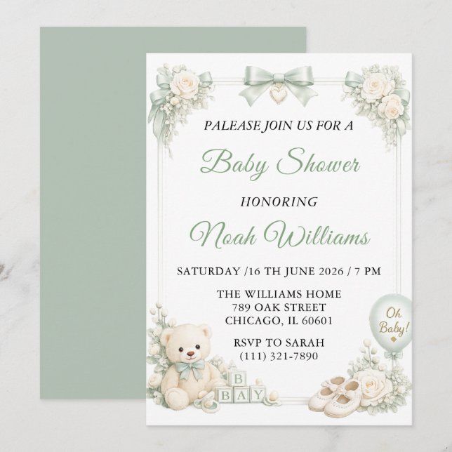 Carte d'invitation élégante de baby shower vert sa (Devant / Derrière)