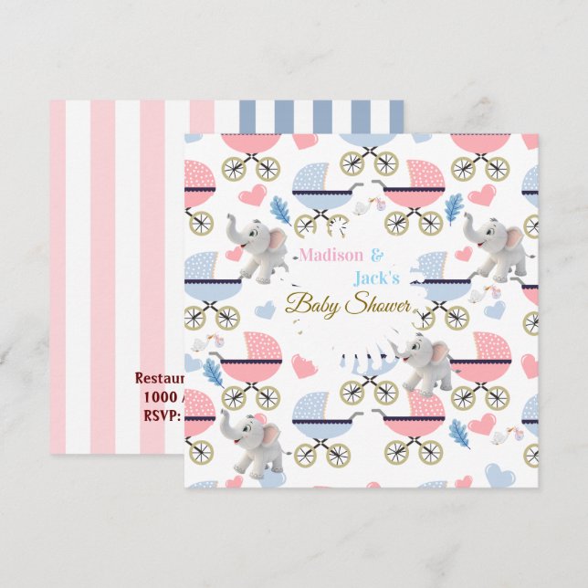 Carte d'invitation éléphant pour Baby Shower Baby  (Devant / Derrière)