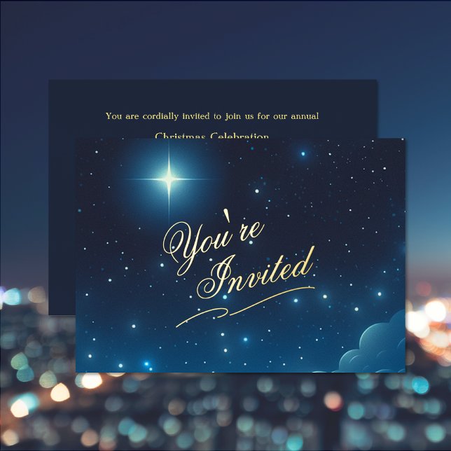 Carte d'invitation Étoile de Noël Bleu Feuille mét (Christmas Star Blue Foil Invitation (front and back))