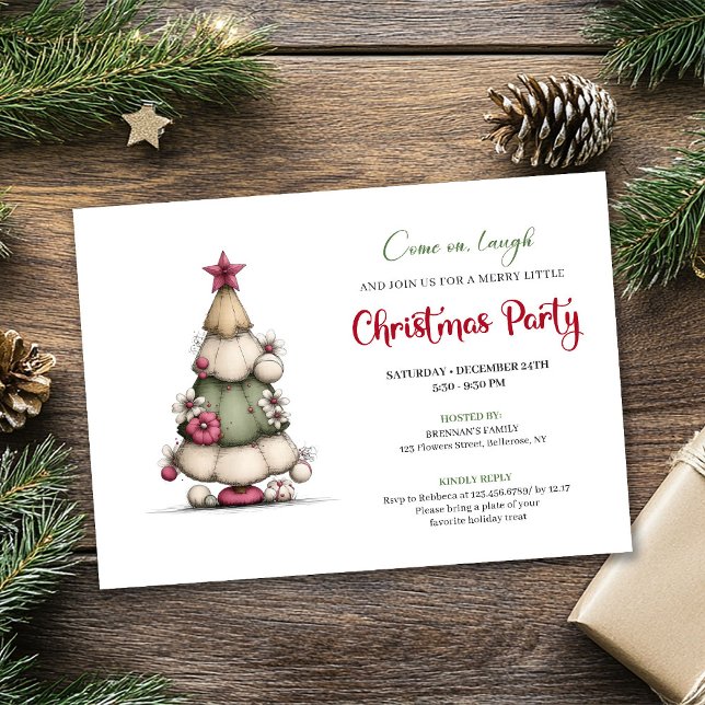 Carte d'invitation festive arbre rouge vert fantai (Whimsical tree red green festive party invitation)