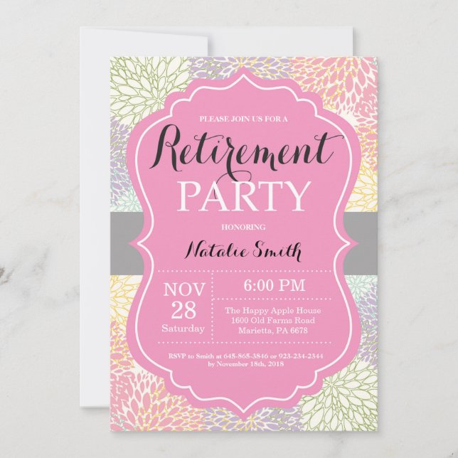 Carte d'invitation Floral Retirement Party Pink (Devant)