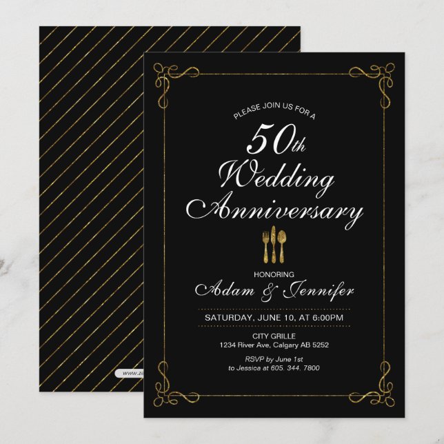 Carte d'invitation Gold 50th Mariage Anniversary (Devant / Derrière)