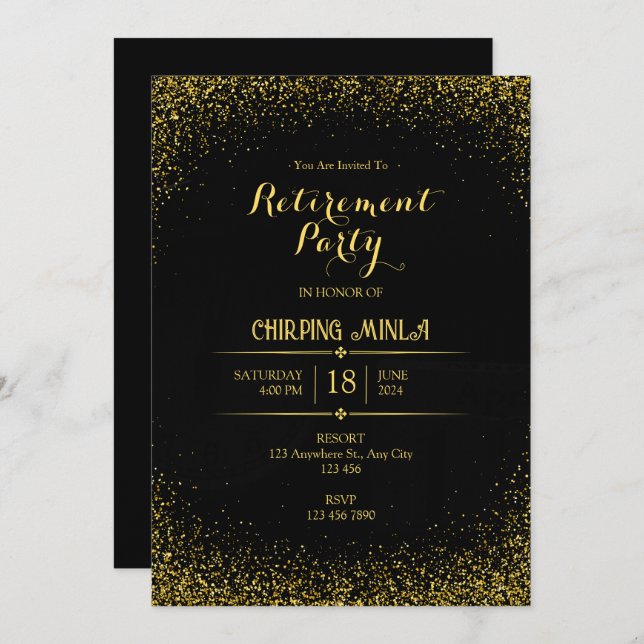 Carte d'invitation Gold and Black Retirement Party (Devant / Derrière)