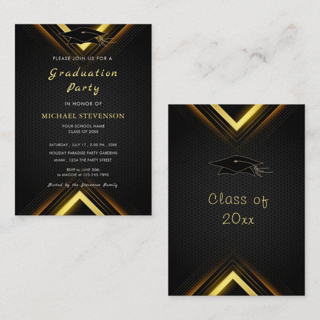 Carte d'invitation Gold Black Modern Graduation (Devant / Derrière)