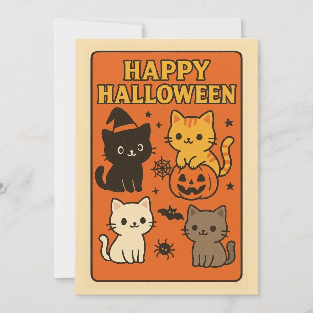 Carte d'invitation Halloween Rétro Kawaii Chats (Devant)