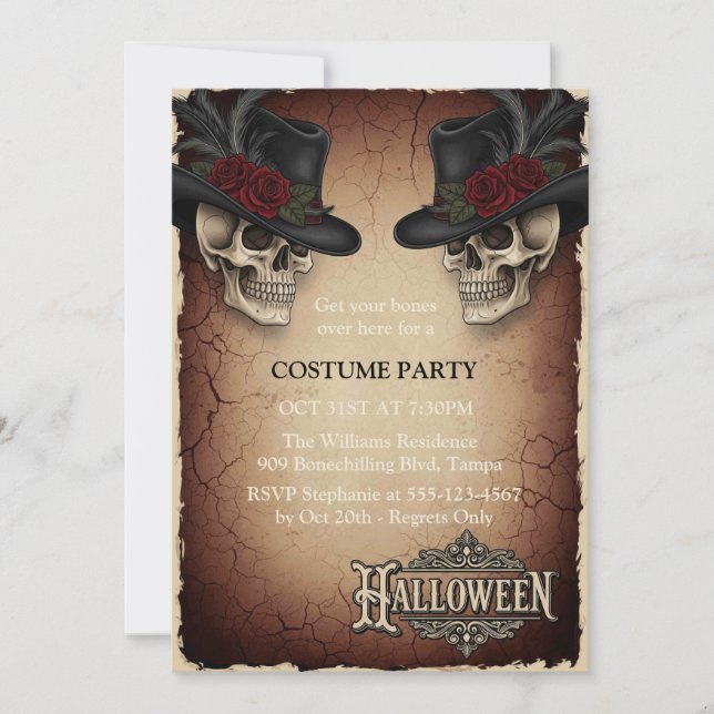Carte d'invitation Halloween vintage | Crânes goth (Devant)