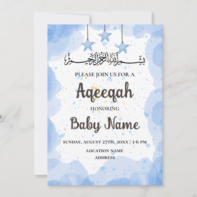 Carte d'invitation Instant Blue Aqeeqah Aqiqah (Devant)