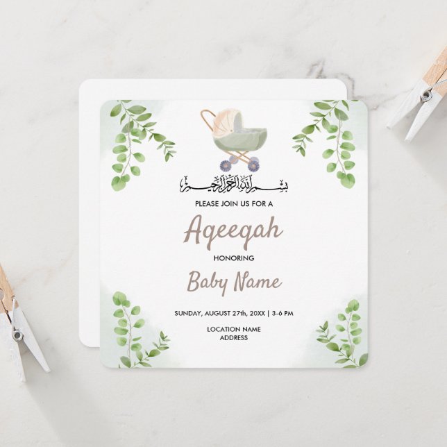 Carte d'invitation Instantanée Aqeeqah Aqiqah de s (Devant/Arrière en situation)