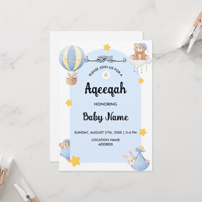 Carte d'invitation Instantanée Bleue Aqeeqah Aqiqa (Devant/Arrière en situation)