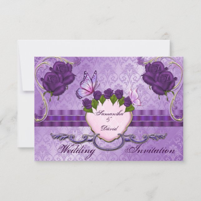 Carte d'invitation Mariage damassé Rose Purple (Devant)