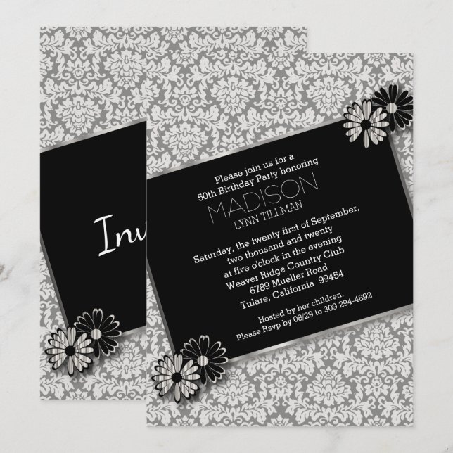 Carte d'invitation Modèle de la partie Damask (Devant / Derrière)