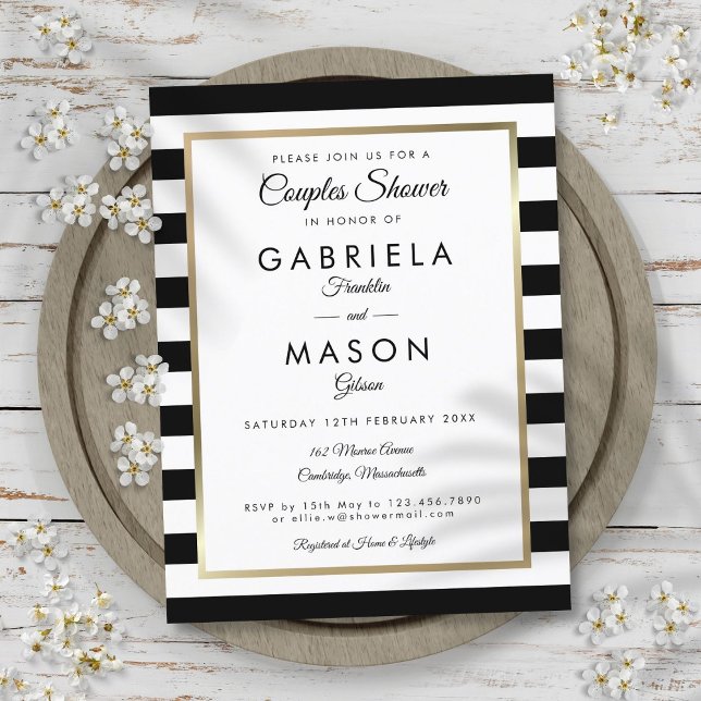 Carte d'invitation moderne pour la douche de coupl (Modern Black Stripe Gold Couples Shower Invitation Postcard)