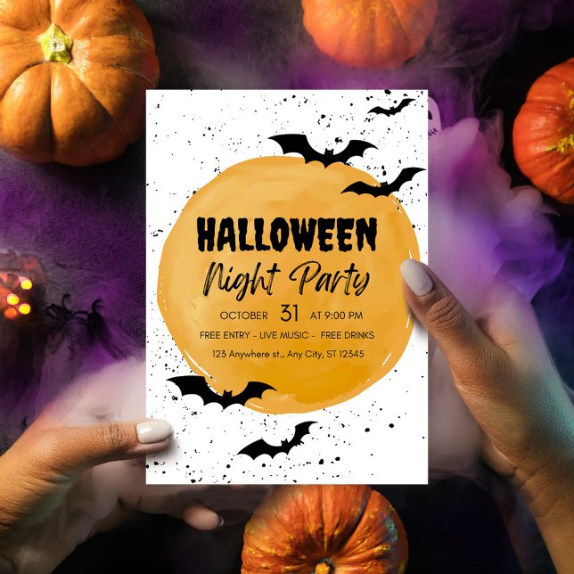 Carte d'invitation modifiable pour une soirée Hall (black halloween bats night party invate orange creepy scary pumpkins)