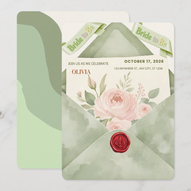 Carte d'invitation modifiable Vert Sauge Mariée à  (Devant / Derrière)