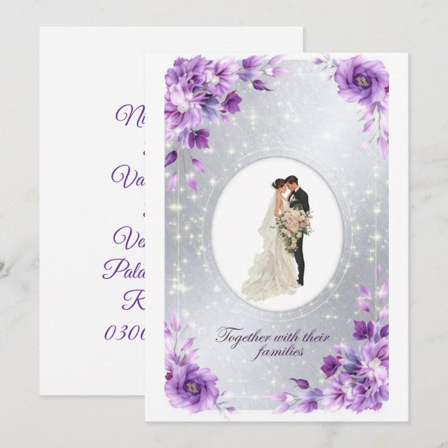 Carte d'invitation Nikkah à fleurs violettes 2026  (Devant / Derrière)