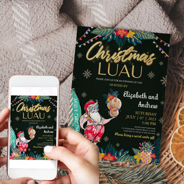 Carte d'invitation Noël Luau Tropical Père Noël (Christmas Luau Tropical Santa Invitation Card)