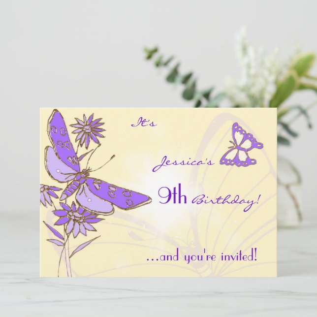 Carte d'invitation Papillon Violet Pêche (Debout devant)