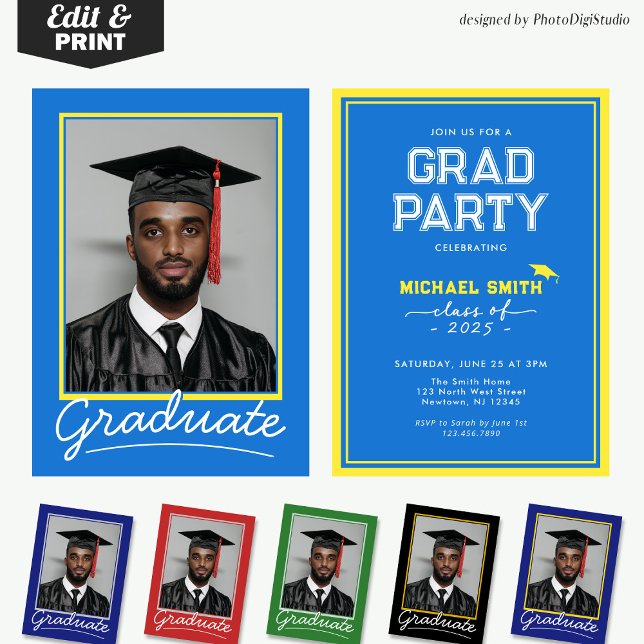 Carte d'invitation personnalisée | Design classiqu (Custom Graduation Invitation Card | Blue and Yellow Classic Design for Graduation Party and Ceremony)