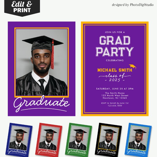 Carte d'invitation personnalisée | Design classiqu (Custom Graduation Invitation Card | Purple and Gold Classic Design for Graduation Party and Ceremony)