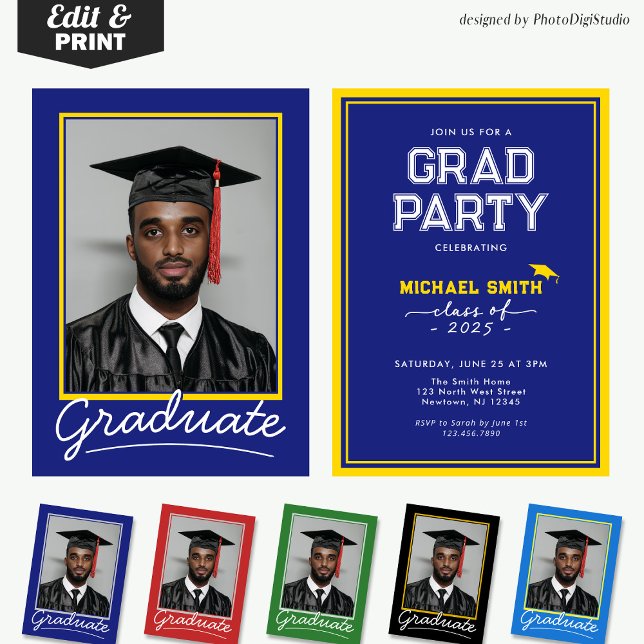 Carte d'invitation personnalisée | Design classiqu (Custom Graduation Invitation Card | Blue and Gold Classic Design for Graduation Party and Ceremony)