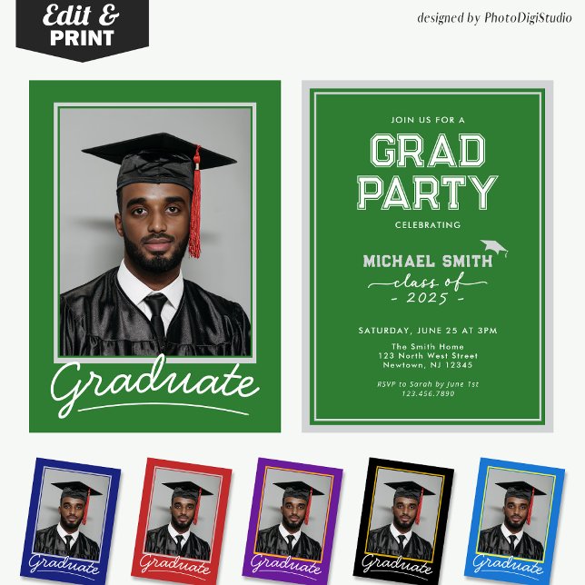 Carte d'invitation personnalisée | Design classiqu (Custom Graduation Invitation Card | Green and White Classic Design for Graduation Party and Ceremony)